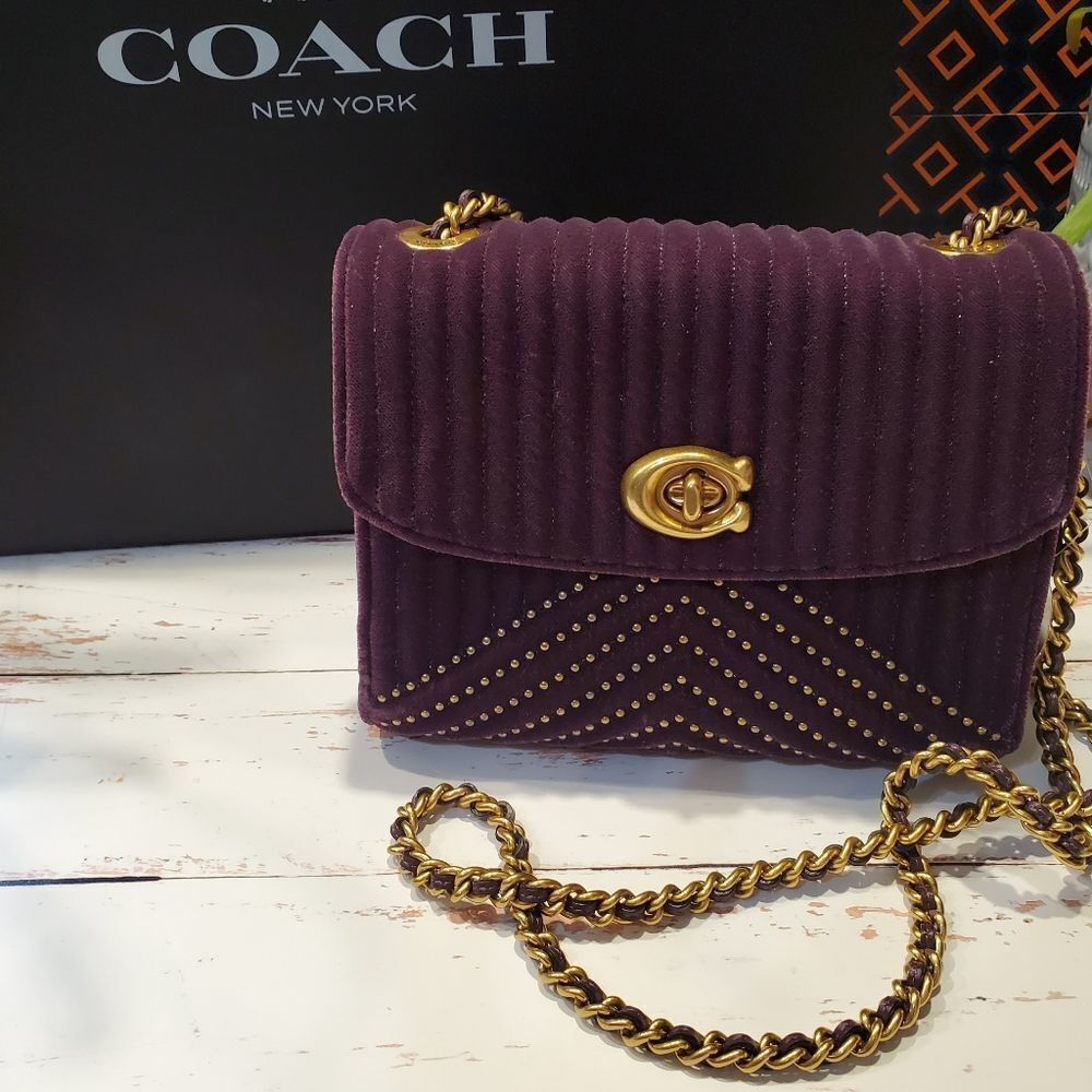 COACH RETAIL Velvet Deep Purple Quilted Studded Turnlock Bag - Picture 3 of 16